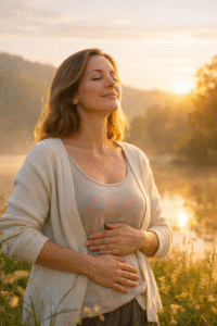 mujer regulando el estrés crónico e intestino con respiración consciente