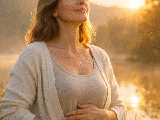 mujer regulando el estrés crónico e intestino con respiración consciente