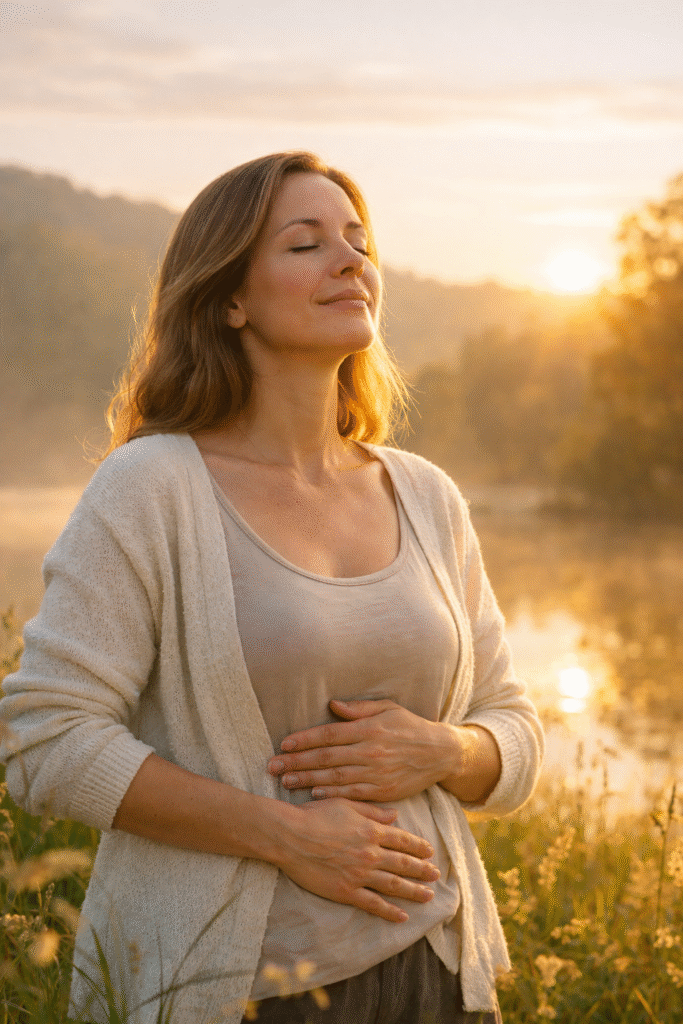 mujer regulando el estrés crónico e intestino con respiración consciente